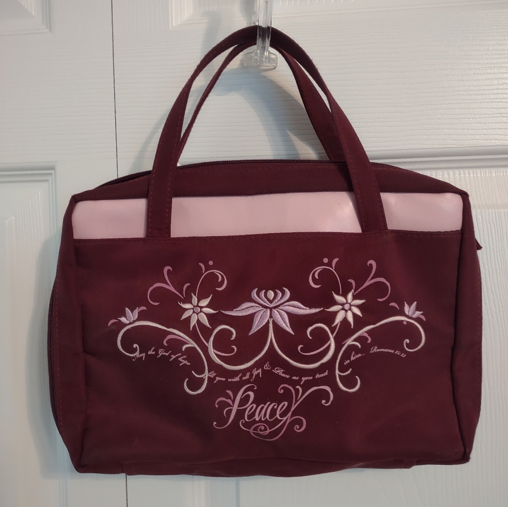 Maroon Book Bag Cover Gregg Gift BIBLE 15:13 Peace Zipper Canvas Floral Design